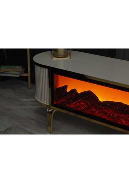 Dekoratif Elektrikli Yapay Şömine ve Tv Ünitesi 160 cm x 40 x 50 cm Kumandalı Bluetooth Ses Beyaz, Siyah, ve Kahverengi Renk