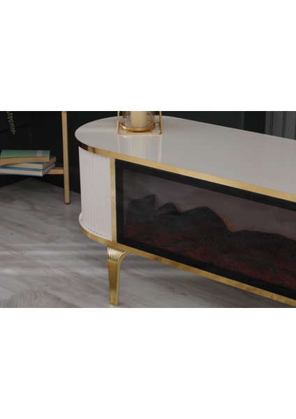 Dekoratif Elektrikli Yapay Şömine ve Tv Ünitesi 160 cm x 40 x 50 cm Kumandalı Bluetooth Ses Beyaz, Siyah, ve Kahverengi Renk