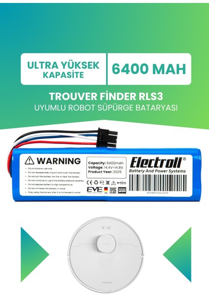 Trouver Finder Rls3 Uyumlu Batarya (Ultra Yüksek Kapasite) 6400MAH Robot Süpürge Bataryası