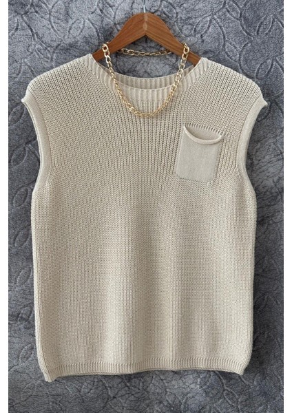 Kadın Ekru %100 Organik Pamuk Salaş Selanik Örgü Triko Süveter 1503
