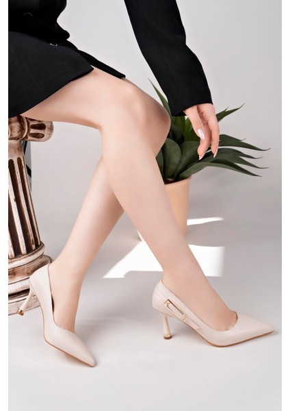 Ten Cilt Yandan Gold Tokalı Günlük Şık Stiletto