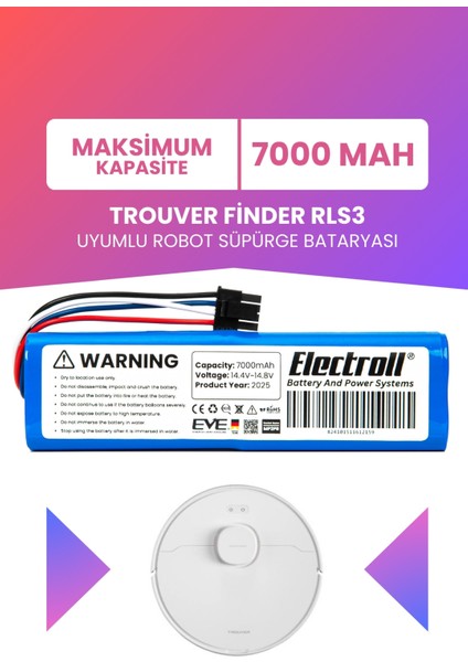 Trouver Finder Rls3 Uyumlu Batarya (Maksimum Kapasite) 7000MAH Robot Süpürge Bataryası
