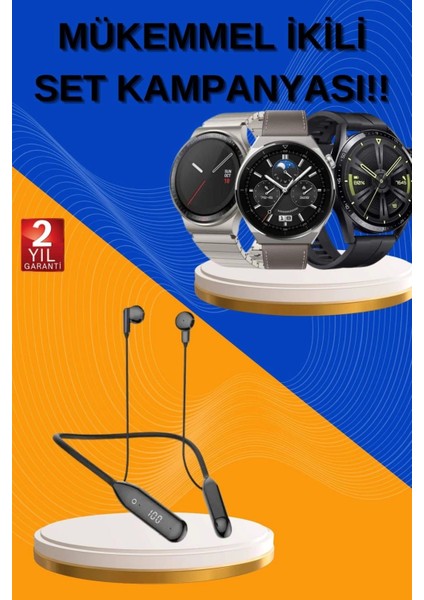 Alarm ve Titreşim Özellikli Akıllı Saat ve Mikrofonlu Kablolu Bluetooth Kulaklık 60 Saat