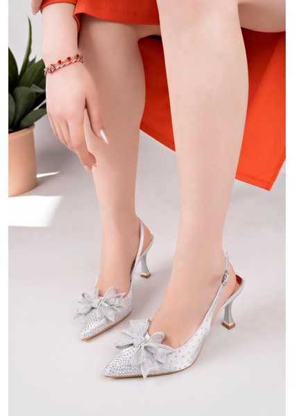 Fiyonklu Kadın Stiletto Taşlı Sivri Burun Arkası Açık Abiye Topuklu Ayakkabı Gümüş modelleri