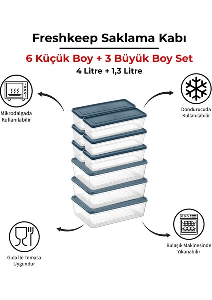 6 Adet 1,3 Litre ve 3 Adet 4 Litre Freshkeep Buzdolabı Organizer Mikrodalga ve Difrize Uygun Saklama Kabı
