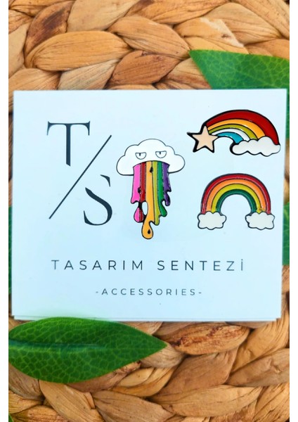 Rozet Metal Broş Gökkuşağı Bulut Yıldız Renkli Yaka Okul Çanta Kıyafet Şapka Takı