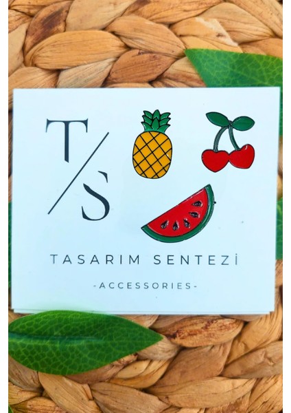 Rozet Metal Broş 3'lü Meyve Karpuz Kiraz Ananas Yaka Okul Çanta Kıyafet Şapka Takı