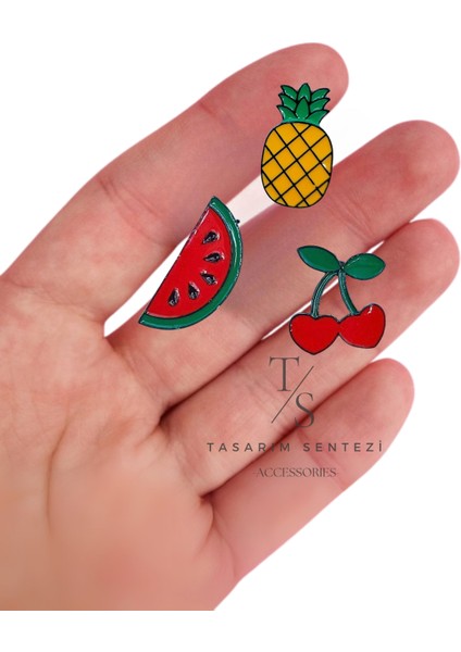 Rozet Metal Broş 3'lü Meyve Karpuz Kiraz Ananas Yaka Okul Çanta Kıyafet Şapka Takı modelleri
