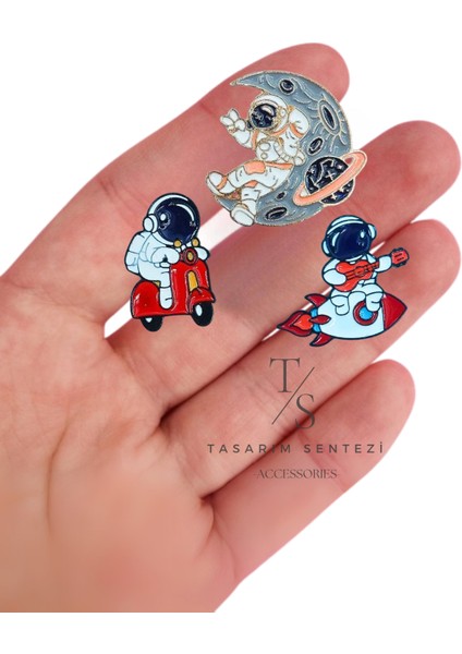 Rozet Metal Broş 3'lü Astronot Gitar Motor Vespa Uzay Roket Yaka Okul Çanta Kıyafet Şapka Takı modelleri