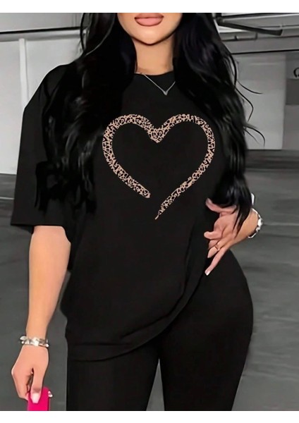 Kadın Yeni Sezon Rahat Konfor Modeli Baskılı Yarım Kollu Pamuklu 4 Mevsim Oversize T-Shirt