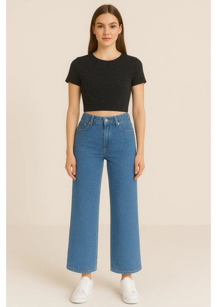 Kadın Serpme Taşlı Jeans Pantolon