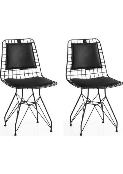 2 Adet Sırtlı Tel Sandalye Siyah Suni Deri Siyah Metal Iskelet