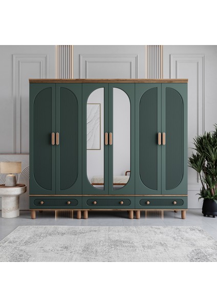 Milen 6 Kapaklı Çekmeceli Gardırop Tamamı MDF (Yeşil)