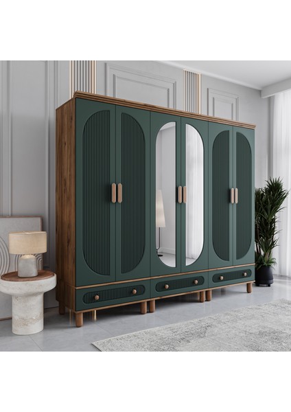 Milen 6 Kapaklı Çekmeceli Gardırop Tamamı MDF (Yeşil)