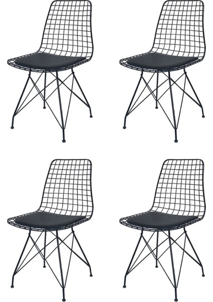 4 Adet Tel Sandalye Siyah Suni Deri Siyah Metal Iskelet