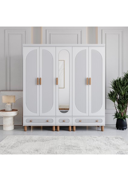 Milen 5 Kapaklı Çekmeceli Gardırop Tamamı MDF (Beyaz)