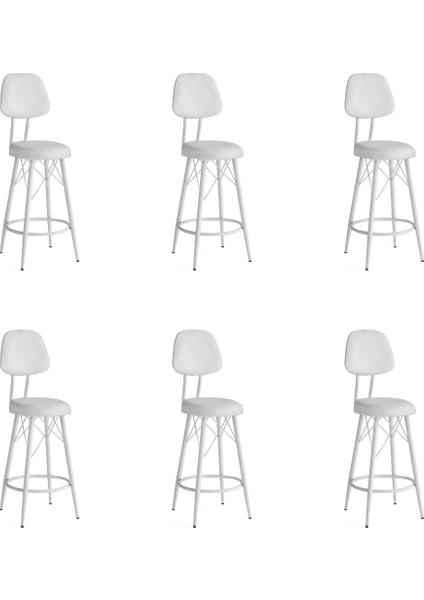6 Adet Ece Bar Sandalye Beyaz Suni Deri Beyaz Metal Iskelet