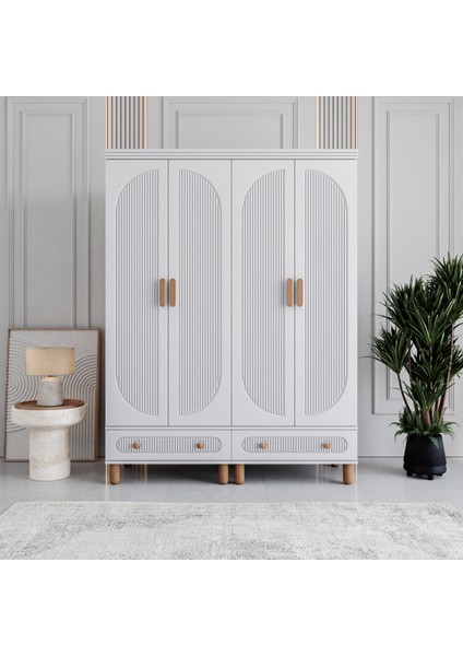 Milen 4 Kapaklı Çekmeceli Gardırop Tamamı MDF (Beyaz)