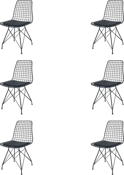 6 Adet Tel Sandalye Siyah Suni Deri Siyah Metal Iskelet