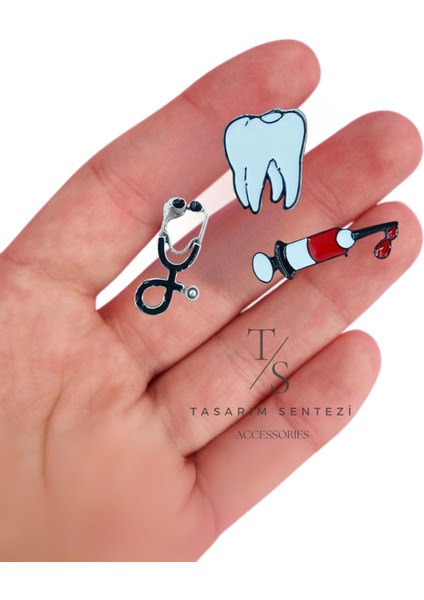 Rozet Metal Broş 3'lü Doktor Hemşire Steteskop Şırınga Iğne Diş Sağlık Yaka Okul Çanta Şapka Takı modelleri