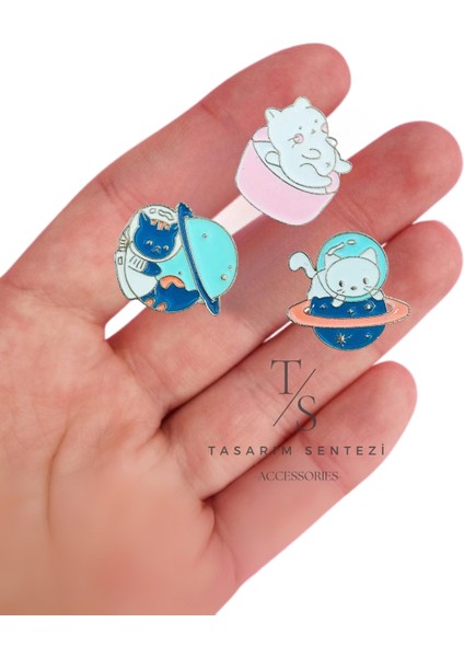 Rozet Metal Broş 3'lü Tatlı Sevimli Kedi Astronot Uzay Gezegen Yaka Okul Çanta Kıyafet Şapka Takı modelleri