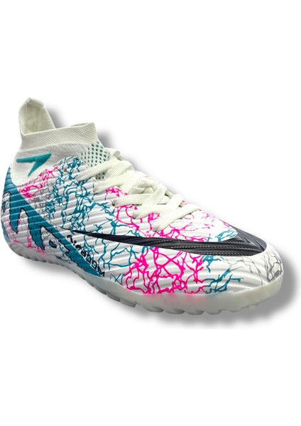 Yeni Model Çoraplı Halısaha Ayakkabı Beyaz Turkuaz Desenli