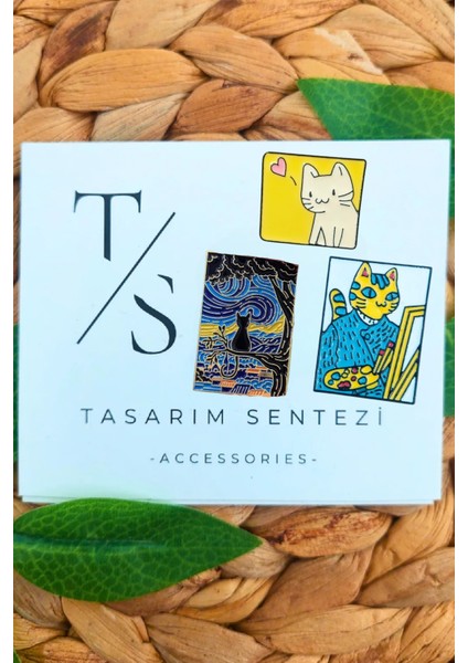 Rozet Metal Broş 3'lü Kedi Van Gogh Yağlı Boya Tablo Resim Yaka Okul Çanta Kıyafet Şapka Takı