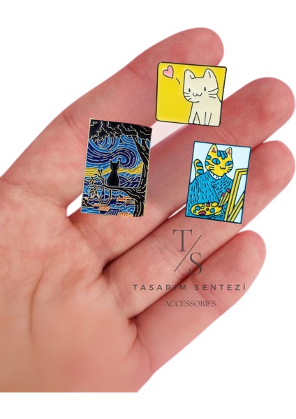 Rozet Metal Broş 3'lü Kedi Van Gogh Yağlı Boya Tablo Resim Yaka Okul Çanta Kıyafet Şapka Takı modelleri
