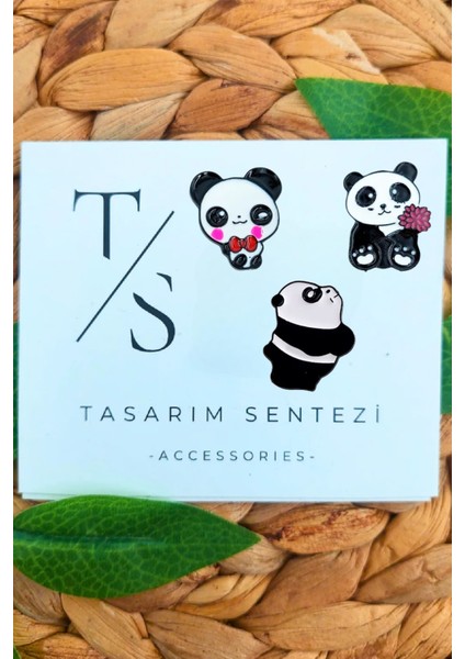 Rozet Metal Broş 3'lü Panda Kung Fu Çiçekli Ayı Hayvan Yaka Okul Çanta Kıyafet Şapka Takı