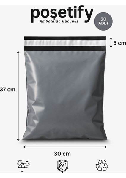 Gri Cepsiz Kargo Poşeti 30X37+5 cm 50 Adet E-Ticaret Poşeti | Yapışkan Bantlı Kargo Zarfı