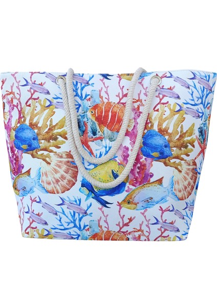Kadın Plaj Çantası Denizaltı Canlıları Desenli Yumuşak Halat Saplı