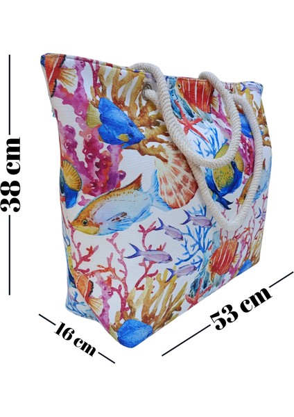 Kadın Plaj Çantası Denizaltı Canlıları Desenli Yumuşak Halat Saplı modelleri