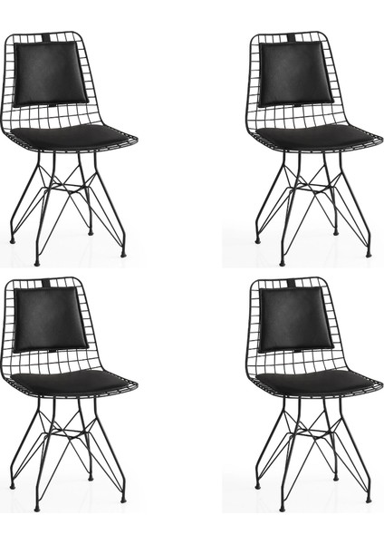 4 Adet Sırtlı Tel Sandalye Siyah Suni Deri Siyah Metal Iskelet