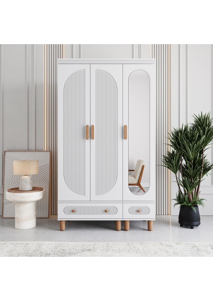 Milen 3 Kapaklı Çekmeceli Gardırop Tamamı MDF (Beyaz)