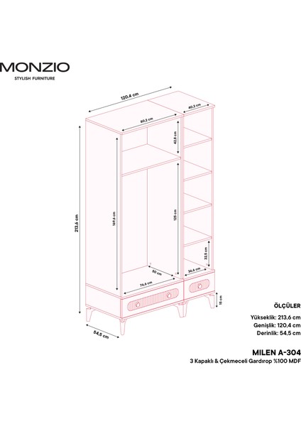 Milen 3 Kapaklı Çekmeceli Gardırop Tamamı MDF (Beyaz)