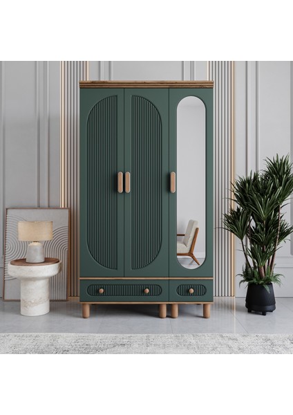 Milen 3 Kapaklı Çekmeceli Gardırop Tamamı MDF (Yeşil)