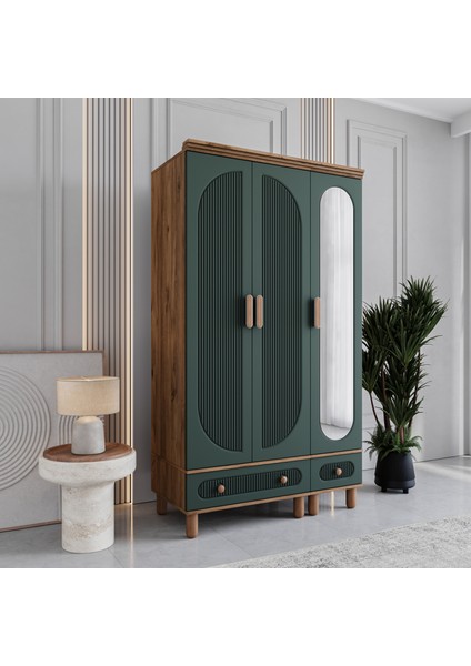 Milen 3 Kapaklı Çekmeceli Gardırop Tamamı MDF (Yeşil)