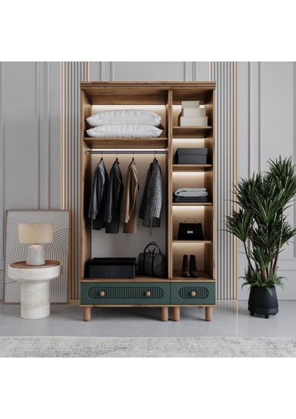 Milen 3 Kapaklı Çekmeceli Gardırop Tamamı MDF (Yeşil)