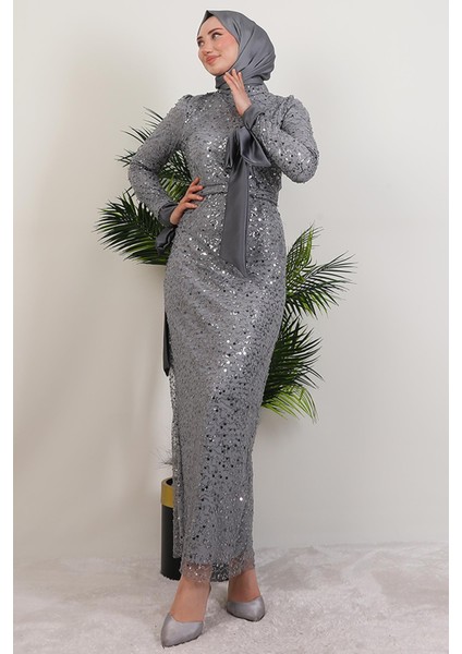 Sena Pullu Elbise Gri modelleri