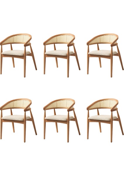 6 Adet Gazel Sandalye Bukle Kumaş Naturel Ahşap Iskelet