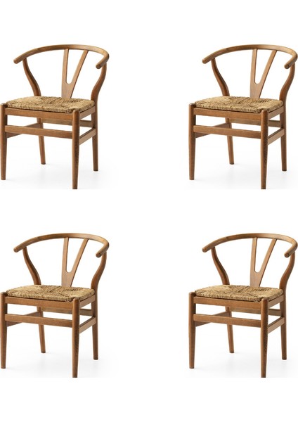 4 Adet Wishbone Sandalye Ceviz Ahşap Iskelet Hasır Oturum