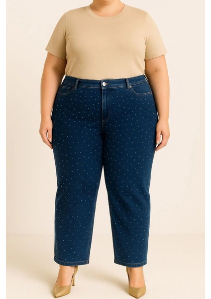 Süper Büyük Beden Jeans Serpme Taşlı Yeni Trend Kot Pantolon