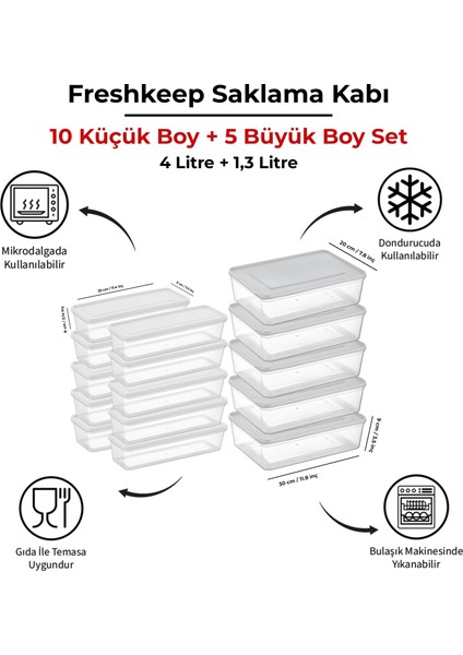 10 Adet 1,3 Litre ve 5 Adet 4 Litre Freshkeep Buzdolabı Organizer Mikrodalga ve Difrize Uygun Saklama Kabı