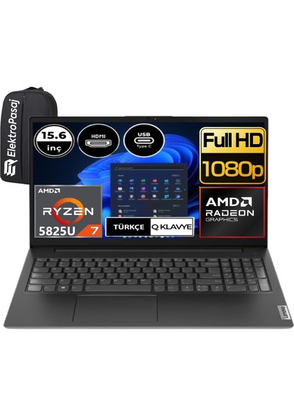 V15 G3 Aba 82TV009DTX-EP6 Ryzen 7 5825U 8 GB Ram 256 GB SSD Amd Radeon Graphics 15.6" Fhd Windows 11 Pro Taşınabilir Bilgisayar + Elektropasaj Çanta