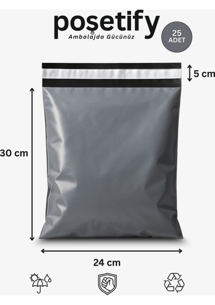Gri Cepsiz Kargo Poşeti 24X30+5 cm 25 Adet E-Ticaret Poşeti | Yapışkan Bantlı Kargo Zarfı