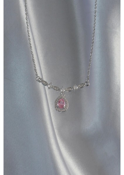 316L Çelik Gümüş Renk Pembe Zirkon Taşlı Damla Kolye fiyatları