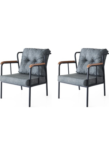 2 Adet Gökçe Sandalye Berjer Keten Kumaş Siyah Metal Iskelet