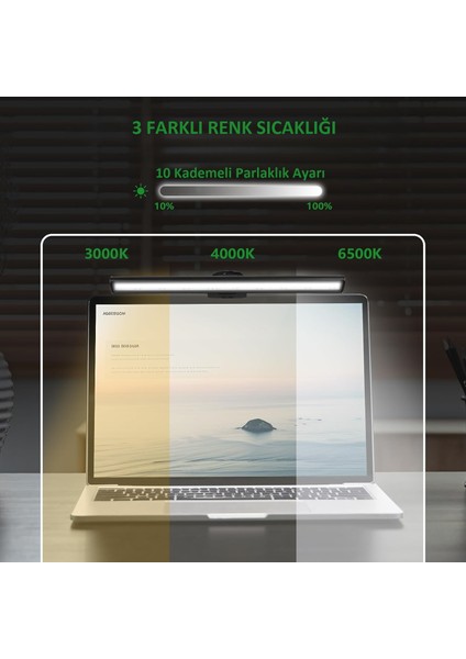 Laptop Üstü Ekran Işığı LED Göz Koruyucu Masaüstü Klipsli Ekran Lambası 3 Renk Parlaklık Ayarlı USB