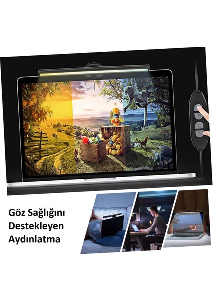 Laptop Üstü Ekran Işığı LED Göz Koruyucu Masaüstü Klipsli Ekran Lambası 3 Renk Parlaklık Ayarlı USB