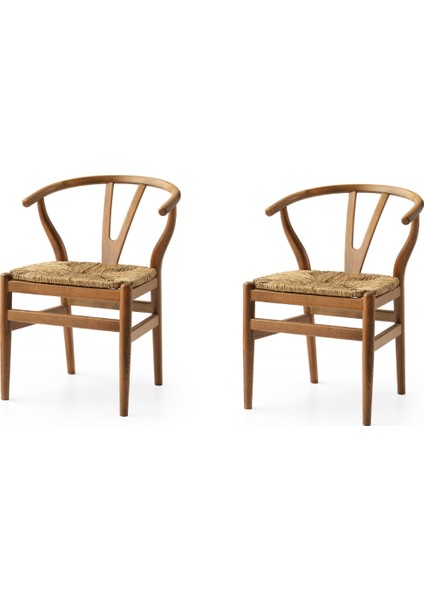 2 Adet Wishbone Sandalye Ceviz Ahşap Iskelet Hasır Oturum